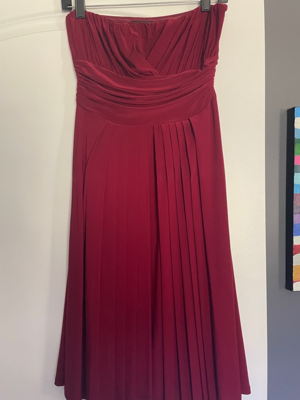 The Limited Strapless Pleated Wine-Red Evening Gown